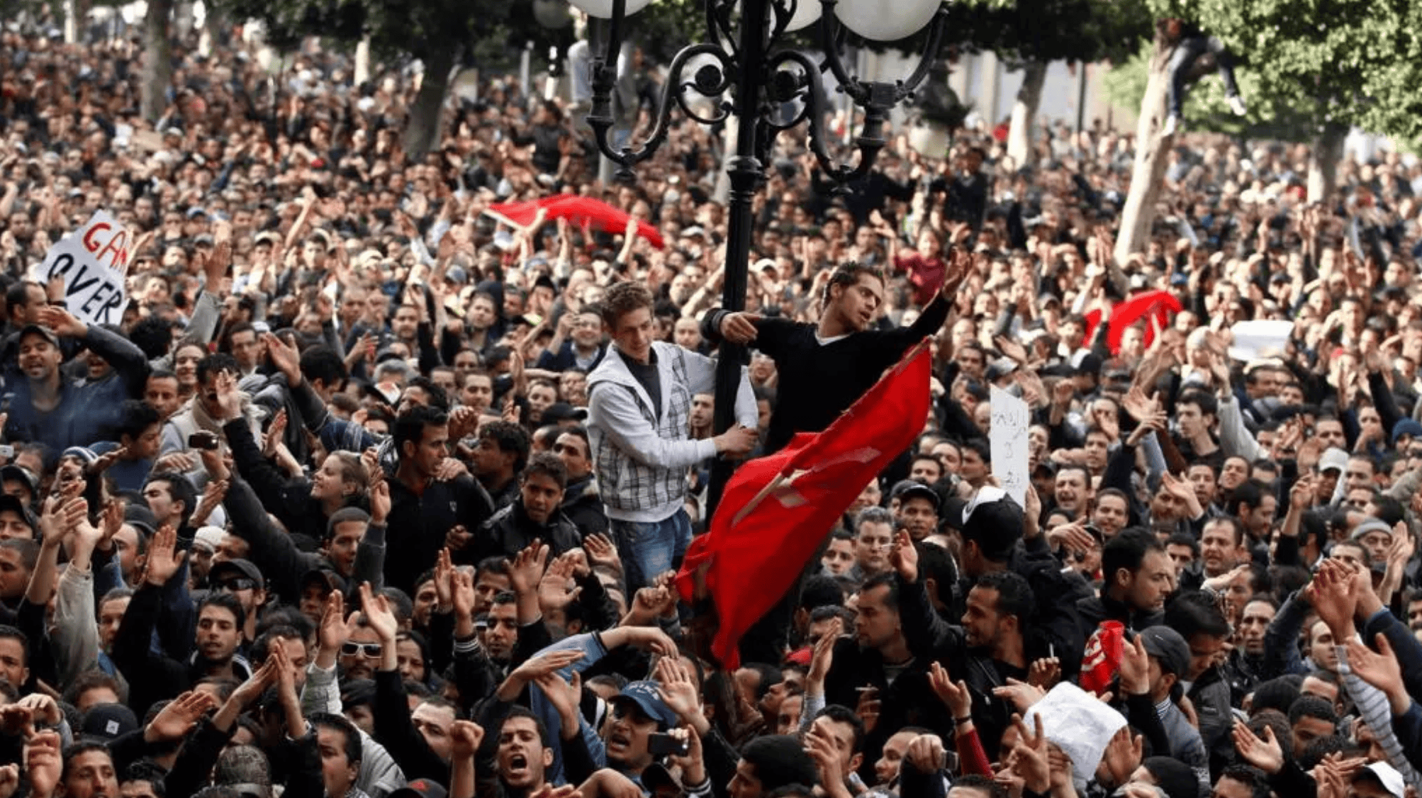 The crowd protests against Ben Ali's regime in Tunis on 14 January 2011. REUTERS